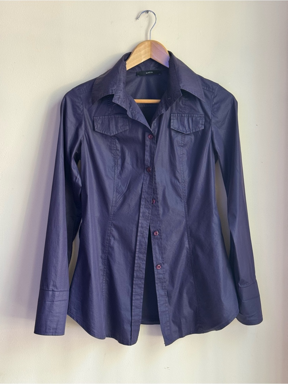 Maeve Purple Solid Collared Long Sleeve Button-Up Shirt Womens S Cotton/Nylon